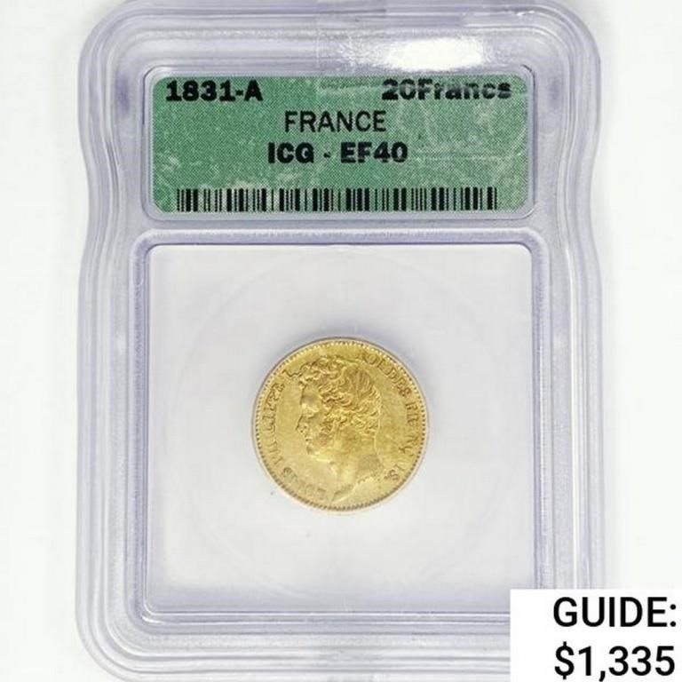 1831-A France .1867oz Gold 20 Francs ICG EF40