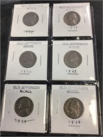 Six Old Jefferson Nickels