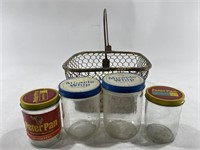 (4) VTG Food Storage Jars & Metal Basket