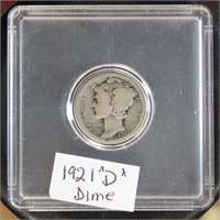 US Coins 1921-D Silver Mercury Dime, circulated