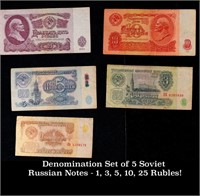 Denomination Set of 5 Soviet Russian Notes - 1, 3,