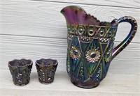 Carnival Glass Pitcher & (2) Matching Cups