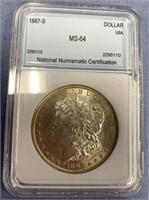 1887 S Morgan silver dollar, MS 64 by NNC
