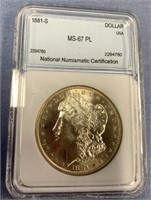 1881 S Morgan silver dollar, MS 67PL by NNC