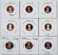 Lot of 9  Lincoln Cents  Proof   1991-S to 1999-S