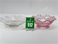 Carnival Glass Pink Ribbon Bowl and Ruffle Glass