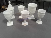 Milkglass diamond goblets(4),covered dish, goblet