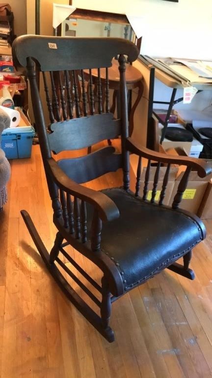 ANTIQUE WOOD & LEATHER SEAT ROCKING CHAIR