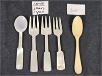 3 Caviar Forks and Spoon, Bone Spoon