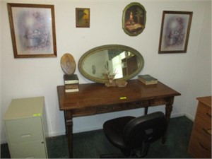 Oak desk, chair, mirror and other items on wall