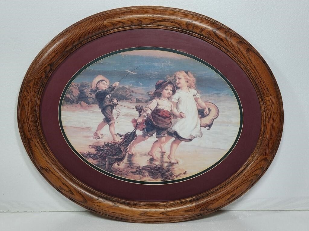Nostalgic Oval Picture of Kids Playing on Beach