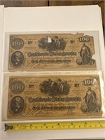 Pair of $100 confederate bills
