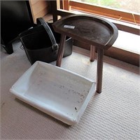Wooden milking stool, leather style basket +