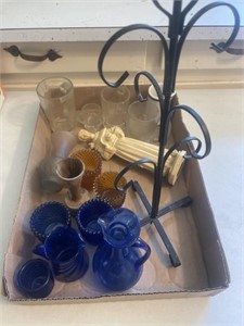 Cobalt blue glass, mugs, mug tree, vases,