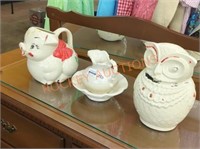 Vintage pig  pitcher , owl cookie jar and mini