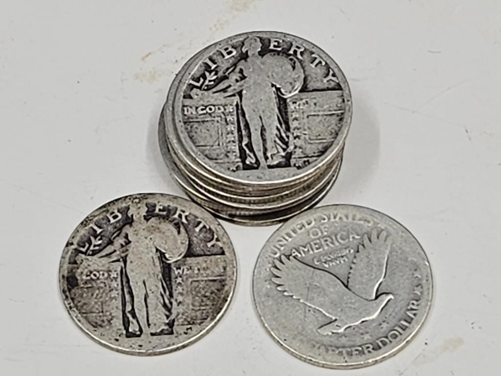 10 Silver Standing Liberty Quarters Worn