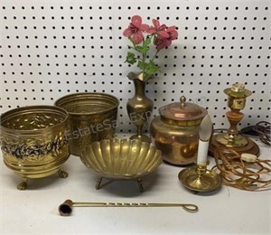 Group of brass Lamps Planters & Dish