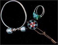 Jewelry Stickpin & Sterling Silver Bangle, Ring