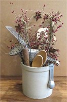 Stoneware Crock & Primitive Utensils