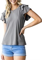 WOMENS SUMMER TOPS CREWNECK RUFFLE SHORT SHIRTS