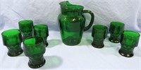 8PC ANCHOR HOCKING FOREST GREEN PITCHER & TUMBLERS