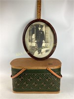 Picnic basket, framed oval police officer photo