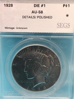 1928-P AU-58 Peace Dollar Key Date SEGS Graded