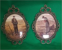 Vintage prints in ornate brass frames / pair lot