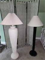 2 floor lamps and 3 paneled metal/fabric divider