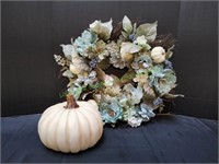 Fall Cream Pumpkin & 22" Floral Teal Wreath