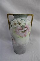 Bavarian floral vase with gold double handles 10"H
