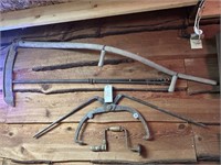 FARM TOOLS  SYTHE ,HAND DRILL ,LARGE TONGS LOT