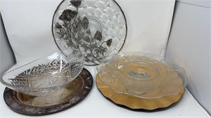 Footed Etched Cake Plate & Other Serving Pieces