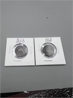 2 1868 shield nickels
