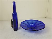 Blue Glass Bottle And Decorative Bowl