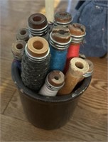 Vintage Wooden Spools with Threatd & Holder