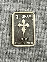 1 Gram .999 Fine Silver Bar With Cross Theme