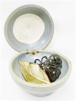 Stoneware Trinket Box w/ Vintage Costume Brooches