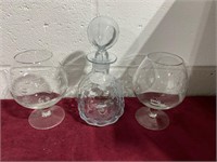 2 ETCHED BRANDY GLASSES AND A DECANTER