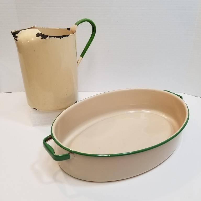Cream & Green Enamelware Pitcher with Ice Lip