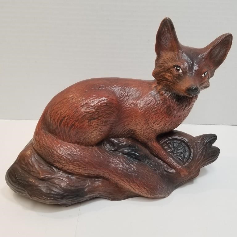 Ceramic Red Fox on Log 12" x 5" x 9.5"h - Vintage