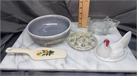 Hull gray drip pottery bowl, cake server, flower