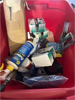 TOTE OF ASSORTED STAPLERS, PAINT , ECT