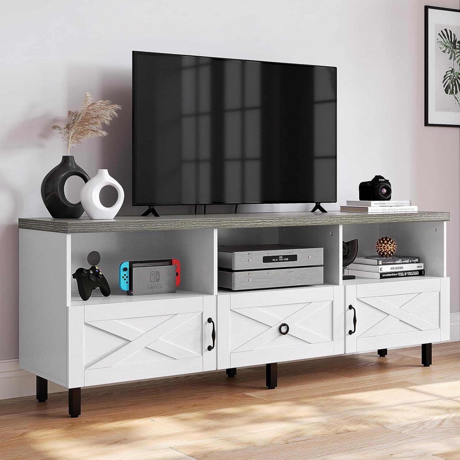 65 inch White/Grey TV Stand  Open Shelves  Cabinet