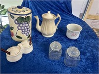Canister, condiment set, tea pot & small jars