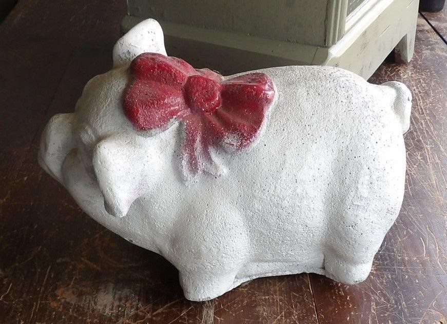 Pig Wearing Red Bow Concrete Yard Decor