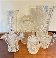 6 PC ASSORTED GLASSWARE: GLASS BASKET, VASES, ETC.