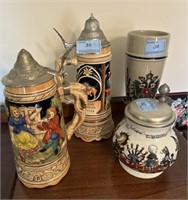 4 BEER STEINS - 1 IS A MUSIC BOX - 2 ARE MARKED