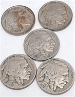 5 Buffalo Nickels.  3- 1936,  2-1937