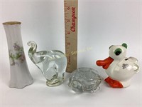 Crystal elephant, turtle, Czech pottery duck coin